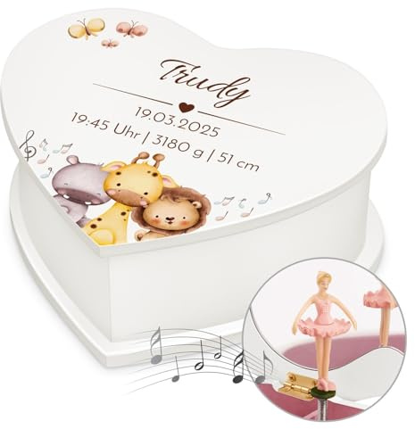 Maverton Herz Schmuckkästchen mit Aufdruck - Schmuckschatulle mit Spieluhr Ballerina - Musikschmuckdose in Herzform für Mädchen - Jewelkeeper zur Taufe - zur Erstkommunion - zum Geburtstag - Tiere