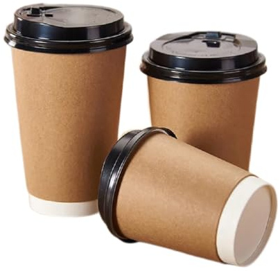 Kraft Engångspapper Koppar Med Lock 350 ml (12 oz) Brun Med Svarta Lock för Varma Kalla Drycker Cappuccino Espresso (100 st)