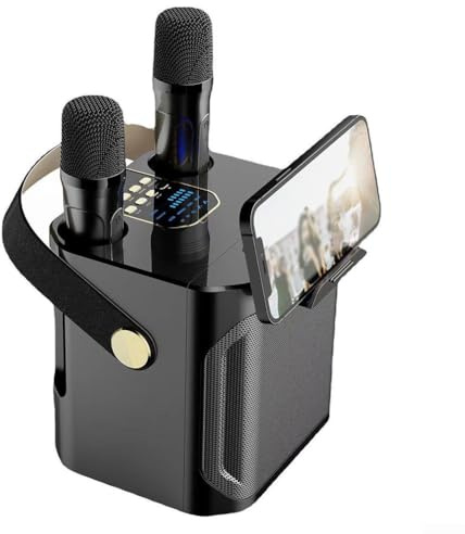 Karaoke-Maschine mit satten & tiefen Bässen, kraftvoller Klang, 2 kabellose Mikrofone, unterstützt Bluetooth für Zuhause, Party, Hochzeit, Picknick, Outdoor(Schwarz)