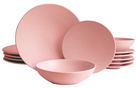 ECHTWERK Vajilla vintage de 12 piezas, diseño Nature Blanka, para 4 personas, elegante vajilla de gres con estructura con 4 x platos llanos, 4 x platos hondos, 4 x platos soperos, rosa
