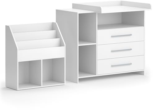Vicco Kinderzimmer-Set Oskar Weiß | 2 Teile, mit Wickelkommode und Bücherregal, umbaubar zur normalen Kommode nach Entfernen des Wickelaufsatzes
