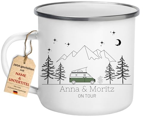 Little Mathilda Emaille Tasse Camping personalisierte Campingtasse mit Namen Kaffeetasse Zubehör Wohnmobil Wohnwagen Van Geschirr Edelstahl Becher Campingküche Geschenk für Camper (Campingvan grün)