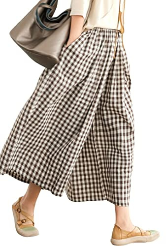chouyatou Women's Cotton Linen Pants Elastic Waist Plaid Gingham Wide Leg Capri Palazzo Pants (XX-Large, Coffee Brown)