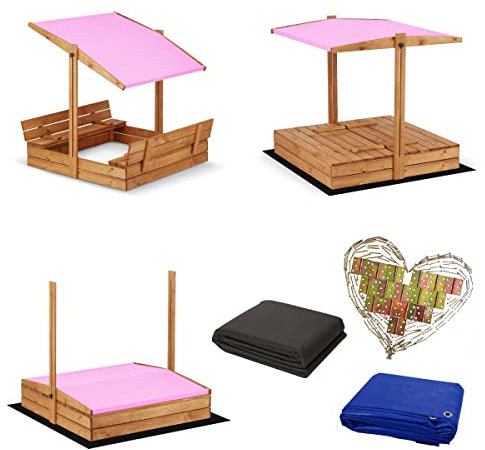 Sunwood Magus Sandkasten Imprägniert mit Dach inkl. Video Anleitung für Montage Sonnenschutz UV-Schutz Sandbox mit Abdeckung mit Sitzbänken mit Plane Sandkiste Holz 120x120 140x140 XL, IMP-2024, Rosa