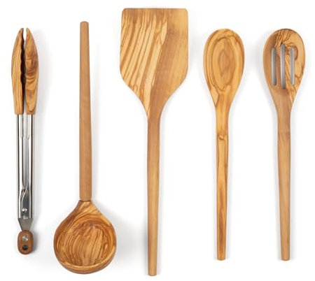 Salt & York Utensilios de cocina de madera de olivo, juego de utensilios de cocina de 5 piezas