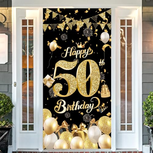 POPOYU 50. Geburtstag Deko,Großer Stoff 50. Geburtstagsfeier Dekorationen,Schwarzes Gold 50. Geburtstag Banner Hintergrund Fotohintergrund Poster
