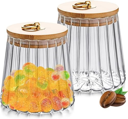 2 Pack Glass Storage Jars Coffee Sugar Airtight Tea Canisters Kitchen Storage Containers with Bamboo Lid Metal Handle Pantry Decorative Food Storage Cans 700ml (2PCS Conical)