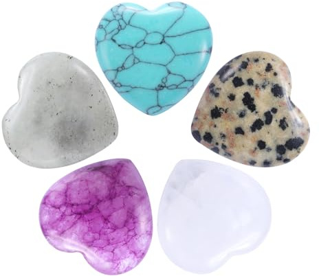 QUARKZMAN 5pz Pietra Naturale Cuore Quarzo Viola, Pietre Preoccupazione Cuore Regali per Bilanciare Massa Preoccupazioni Meditazione, Bianco, Verde, Bianco Nero, Pietra Luna, Viola Chiaro