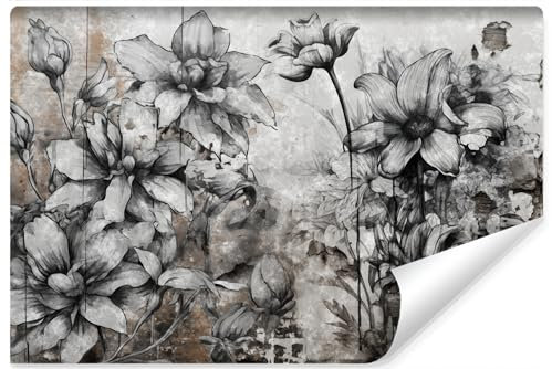 Muralo - Fototapete 3d Effekt - Selbstklebende Tapete 3d - Tapeten für Wohnzimmer Schlafzimmer - Fototapete selbstklebend - Graue Blumen Beton-Optik Motiv - Br.405cm x Hö.270cm