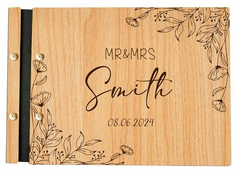 Personalised Wedding Guest Book Custom Wedding Gifts for Him Her Mr and Mrs Gifts Wedding Photo Album Engraved Wooden Guestbook for Wedding Anniversary Baby Shower (Design 1)
