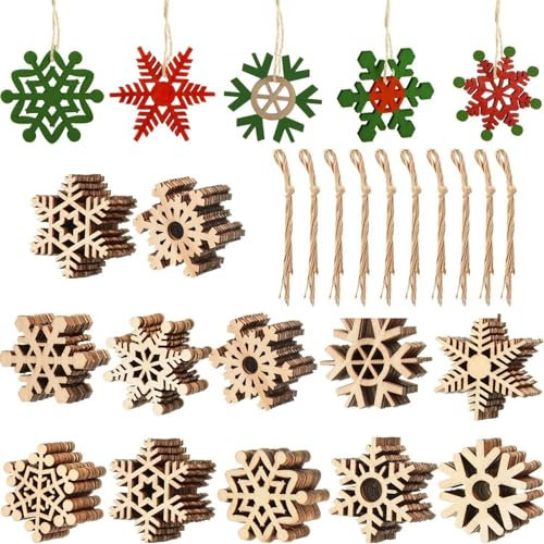 100 Stück Weihnachten Holzanhänger, Schneeflocke Christbaumschmuck Holz DIY Basteln für Weihnachten Deko Geschenkanhänger