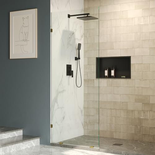 DeerValley 32×78 Fixed Glass Shower Panel, 10mm Thick Shower Glass Panel, Frameless Tempered Glass Door, Bathroom Shower Screen with Hardware (Gold)