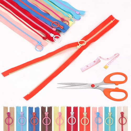 Swpeet 12P Fermeture éclair en résine Anneau en métal Sac à coudre coloré DIY Couture Craft Couleur aléatoire (35 cm), ciseaux, ruban souple, assortiment de mesures, bobine de fermeture éclair