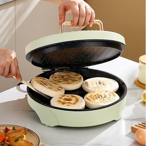HmLotd Padella elettrica per Pancake Domestica, Padella elettrica di Grande capacità, 1100 W, Riscaldamento Doppio Lato ad Alta Potenza, 3 metodi di Cottura, allungamento a 180 Gradi