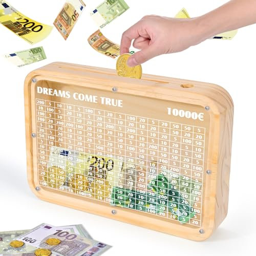 10000 € Hucha de Madera,Caja de Ahorros en Efectivo,Hucha de Madera con Contador,Bancos de Moneda con Meta de Ahorro y números Reutilizables para niños para 1 2 3 Años Regalo de Cumpleaños Navidad