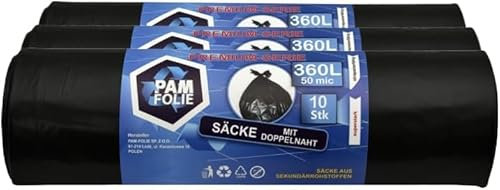 PAM-FOLIE Müllsäcke 360L - 30 Stück - Set - XXL Große, Extra Stark, Dicke Abfallsäcke, Premium - 120x150cm - 50µm - schwarzer Müllbeutel - Bauschuttsäcke -Säcke für Bauschutt Abfalls, Styropor