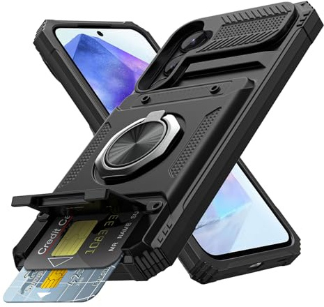 Coolden for Samsung A55 5G Phone Case with Card Holder [Max 2 Cards] Ring Kickstand Shockproof Military Grade Heavy Duty Protective Case Wallet Case Cover for Samsung Galaxy A55 5G Phone Case-Black