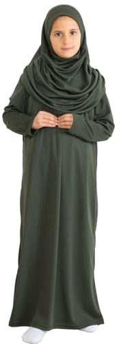 Prien Gebetskleidung Für Kinder, Mädchen Muslim Kleider, Lange Ärmel Abaya Mit Hijab, Islam Kleidung Frauen, Damen Muslimische Kleid Set, Gebetskleid Jilbab Khimar Ramadan (Khaki)