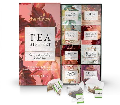 Charbrew Autumn Floral 16 Box Assortment Tea Gift Set - 16 Mesh Teabags 8 Mix Tea Blends Including Classic & Herbal/Fruit