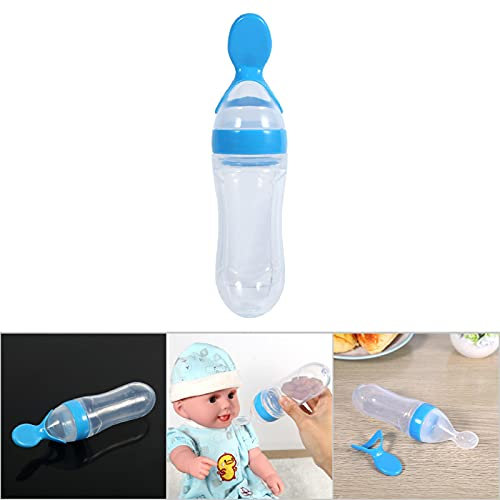 Biberones para Bebés que Amamantan, Biberón de Silicona para Niños Pequeños de 90mL con Cuchara, Alimentador Exprimidor de Cereales y Alimentos, Caliente (BLUE)