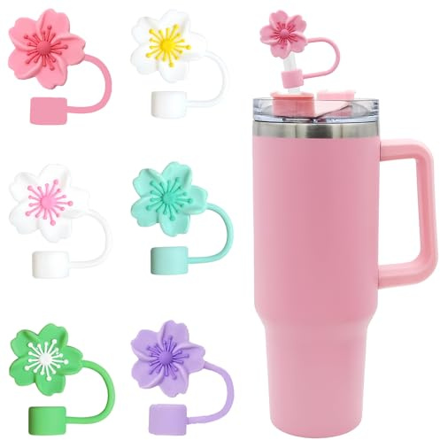 Acuiwer 6pcs Flowers Straw Covers Cap for Stainly Cup Dust-Proof Silicone Straw Toppers Reusable Accessories Suitable for 30oz & 40oz Lid Cover 9-10MM
