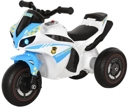 HOMCOM Racingmotorcykel barnbärare musikaliska effekter och ljusa förvaringslådor blå vit | Musikaliska lampor, sittplatser och styre, ingen energi, lärande och roligt för barn