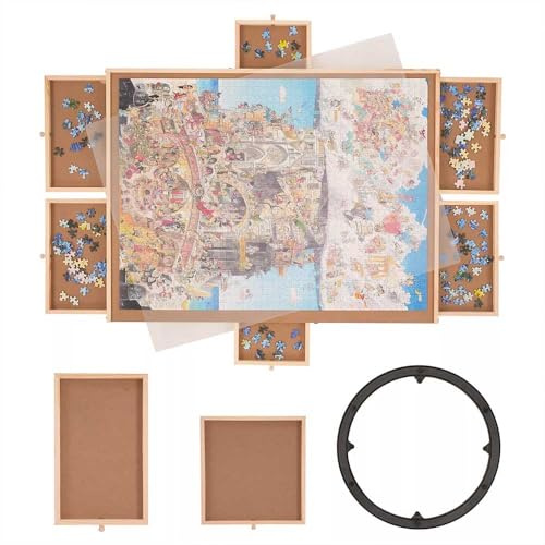 Jigsaw Puzzle Board with 6 Sliding Drawers for 1500 Pieces – Durable Wooden Puzzle Table Organizer for Adults & Kids, Compact Storage Solution