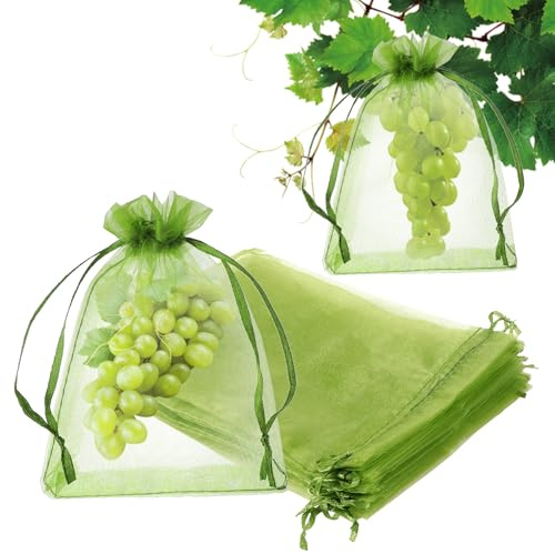 50 Pieces (30 * 20cm) Protection Bags with Drawstring - Green Mesh Netting for Fruit and Vegetable Cover - Reusable Net for Garden Apple Trees