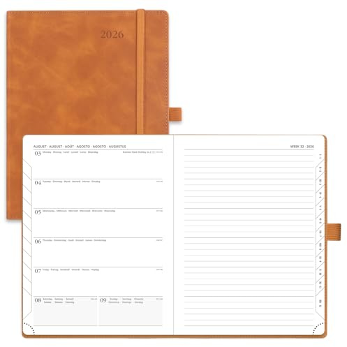 POPRUN Kalender 2026 Buchkalender Softcover mit PU-Leder, ca. A5 (22 x 16,5 cm) - Terminplaner, Wochenplaner Notizbuch (Jan.2026-Dez.2026) mit 100 GSM Papier - Braun