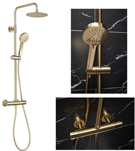 Thermostatic Shower Mixer with Round 200mm Rainfall Head, Fixed Adjustable Rail Kit, Exposed Design, Multi-Function Handset Included - Brushed Brass
