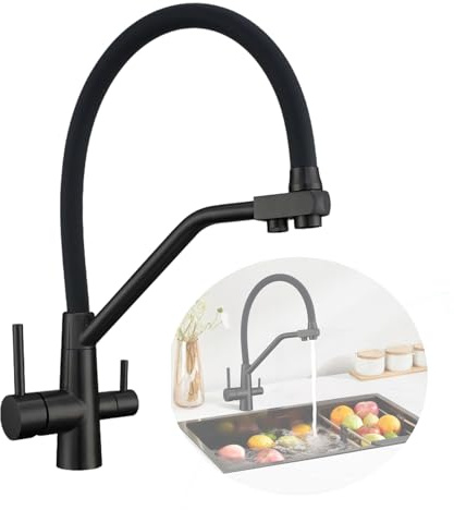 Grifo de Cocina, 3 en 1 Grifos Cocina Fregadero con Chorro Extraíble Grifo Fregadero Cocina Giratorio 360° para Agua Caliente, Fría y Filtrada Potable, Negro