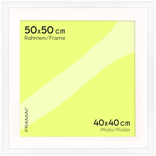 FRAMAI® Bilderrahmen 50x50 cm in Weiß – mit Passepartout – MDF Holzrahmen, bruchsicheres Plexi, umweltfreundlich, mit Aufhängung & Ständer – Hochformat & Querformat