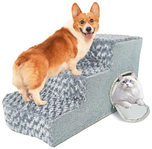 Escalier pour chien à 3 niveaux avec niche de couchage pour chat et rampe pour chien. Escalier antidérapant en mousse haute densité pour chiens de petite/moyenne taille, facile à nettoyer