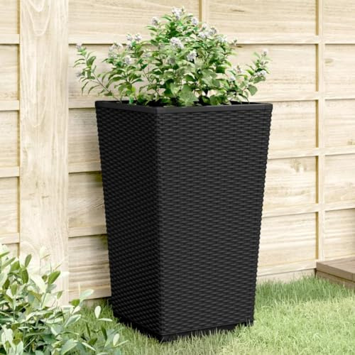 Qnhdfrt Lot de 2 pots de fleurs, noirs, pour plantes grimpantes, dans le jardin, la terrasse, l'extérieur, 32,5 x 32,5 x 57 cm, en polypropylène, avec aspect rotin, légers et robustes