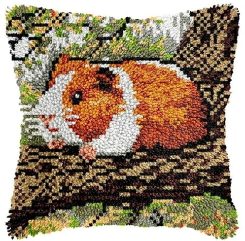 KnüpfKissen Set Erwachsene Kinder mit vordruck Niedliches Meerschweinchen auf Ast knüpfteppich zum selber knüpfen Kissenbezug Anfänger DIY Handarbeit Stickerei Sets Handgemachtes Handwerk Sofa Wohnkul