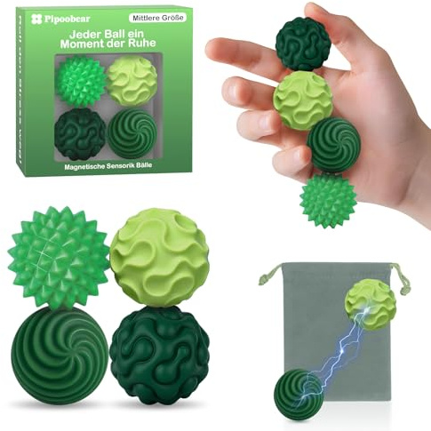Pipoobear Fidget Toys, 4 Stück Mittelgroß Magnetische Fidget Bälle - Grün | Silikon Magnetic Fidget Balls, Magnetische Sensorik Bälle, Magnetkugeln, Silikon Sensorik Spielzeug für Erwachsene & Kinder