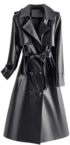 Generico Trench Lungo In Vera Pelle Da Donna con Cintura Giacche Impermeabili E Traspiranti Cappotto Spolverino Doppiopetto Nero Soprabito A Trapezio con Vita Aderente Vestibilità Slim Taglia S