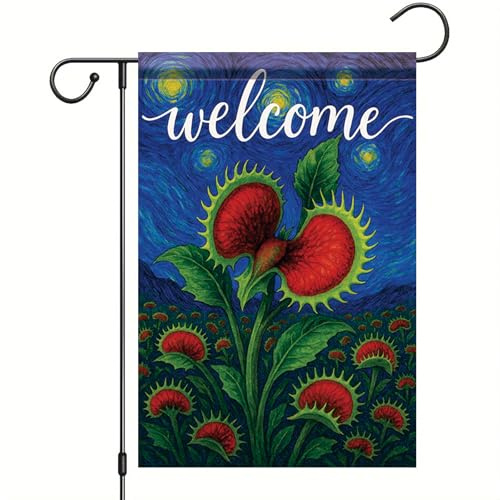 Willkommensflagge Venusfliegenfalle Blume Willkommensflagge Hofschild Hofflagge Lichtbeständig Garten Flagge Für Bauernhaus Clubs Terrasse 90X150Cm