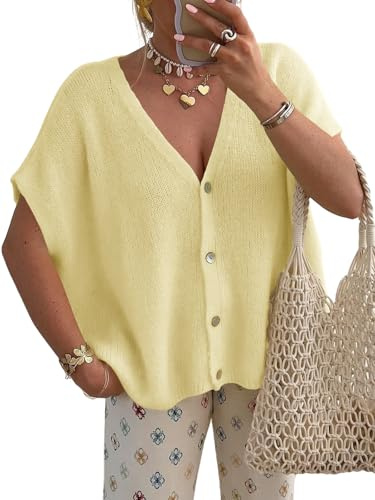 Saodimallsu Cardigan da donna a maniche corte con scollo a V - Cardigan oversize - Maniche a pipistrello - Gilet estivo in maglia - Tinta unita - Leggero - Taschino, giallo, XL