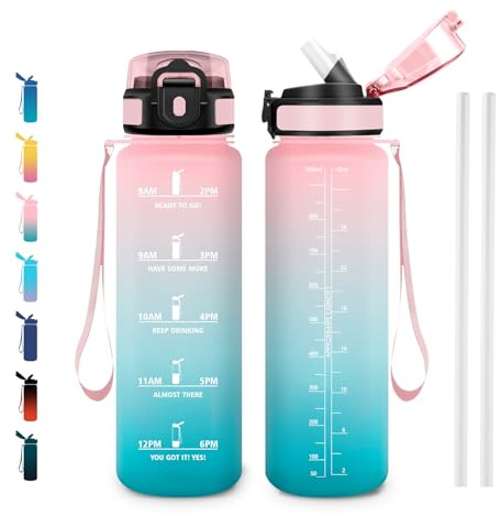 JAPORIA Borraccia 1L, Borraccia con Cannuccia e Marcatori Temporali, Bottiglia Acqua A Prova di Perdite senza BPA, per Scuola, Ufficio, Yoga