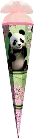 ROTH Schultüte 85 cm groß, Motiv Panda mit Organza, Glitter und Glitzerborte sowie Rot(h)-Spitze, 6-eckig und Tüllverschluss