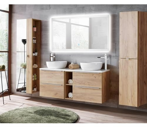Lomadox Badmöbel Komplett-Set in Wotaneiche mit Doppel-Waschtisch inkl. 2Keramik-Waschbecken & LED-Touch-Spiegel