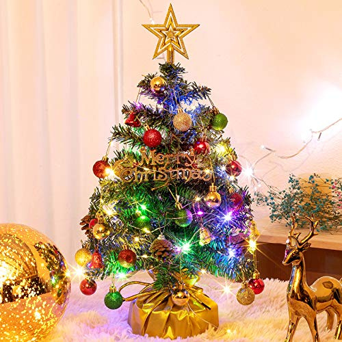 XmasExp 20in Mini Christmas Tree Artificial Small Christmas Tree with Lights,Star Treetop,Ornaments Balls,Bells and Pine Cones DIY Xmas Decorations Green