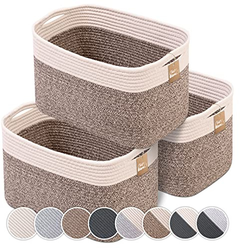 Juego de 3 cestas de cuerda 100% algodón, cesta de cuerda en espiral de 15 x 10 x 9 pulgadas con asas, mantiene la forma, cesta tejida marrón y blanca, cestas de almacenamiento de cuerda suave para