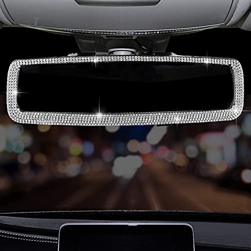 car Bling Rhinestone mirror rear view Crystal Diamonds Bling Rhinestones Rear View Mirror for Women, Car Interior Trim, Birthday Holiday (Silver)