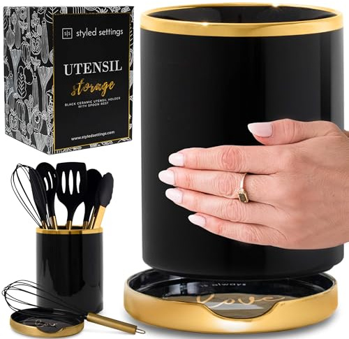 STYLED SETTINGS Porte-ustensiles noir et or avec repose-cuillère intégré – Ensemble céramique 2 pièces – Accessoire de cuisine élégant (ustensiles non inclus)