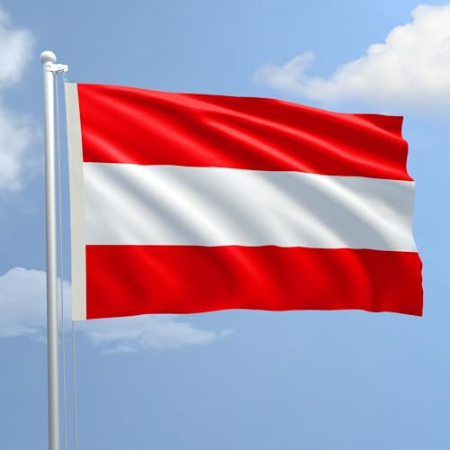Bandiera Austria 100 x 150 cm in Poliestere Nautico Ignifugo 115 g/mq per Uso Interno ed Esterno con Finiture Professionali, Doppie Cuciture, Corda e Guaina, Colori Brillanti e Duraturi