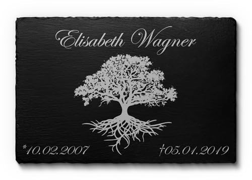Schieferplatte mit Gravur - 22x14 cm o. 30x20 cm - Grabschmuck aus Schiefer - Gedenktafel personalisiert als Erinnerung an Verstorbene - Grabplatte Grabstein Urnengrab Grab