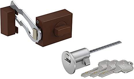 BASI | SET aus Türzusatzschloss mit Sperrbügel und Außenzylinder | Drehknauf | Zylinder mit Wendeschlüssel | massiver Riegel | Zusatzsicherung für Haus- und Wohnungstüren | Dornmaß 45 mm | Eckig