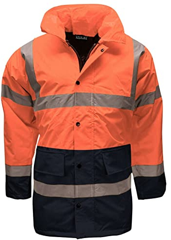 New Hi Vis Parka Jackets High Visibility Safety Security Workwear Waterproof Storm Padded Jackets Hi Viz Reflective Protective Hooded Long Rain Coats (UK, Alpha, XXL, Regular, Regular, Orange/Navy)